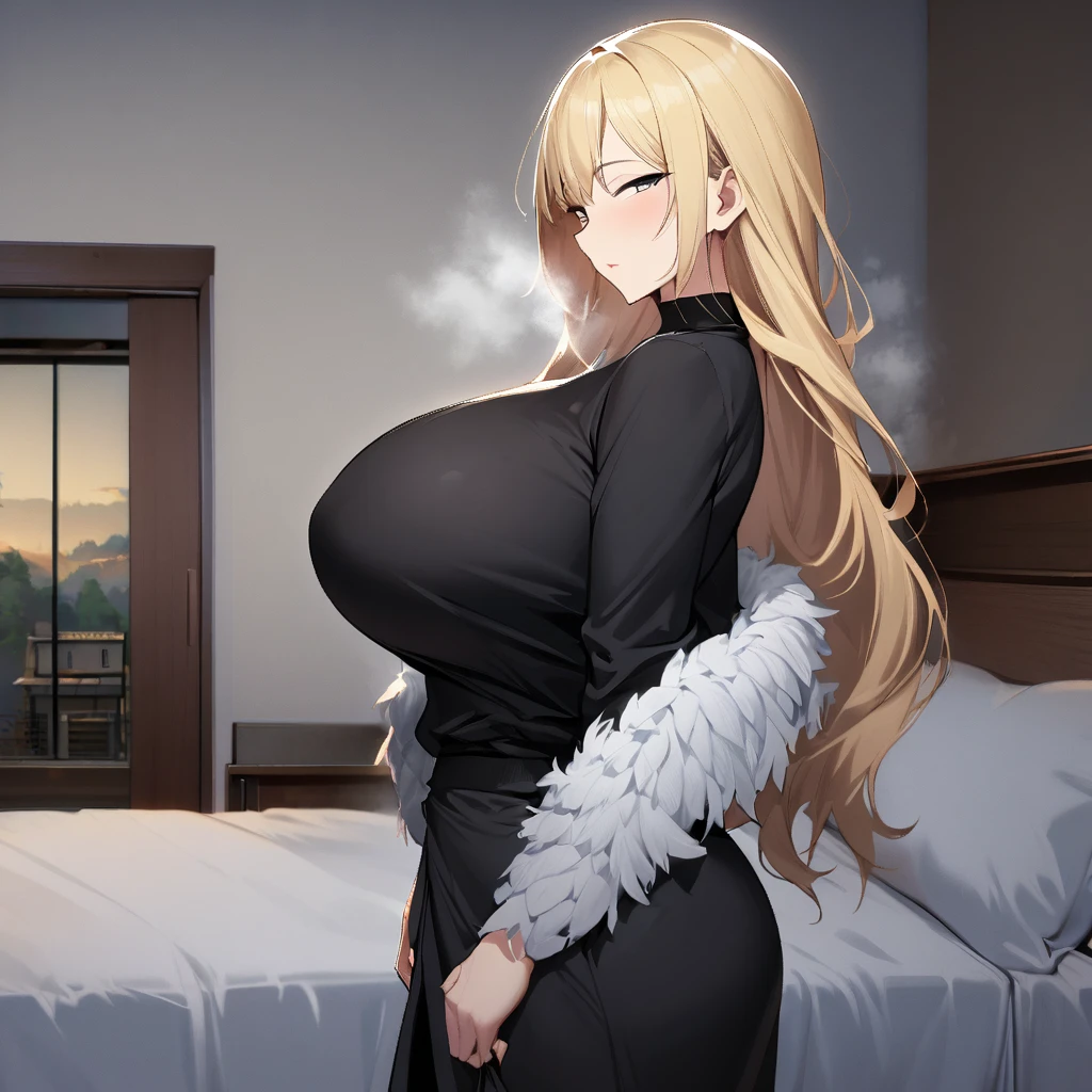 1girl,solo,Mature Women,blonde hair color,long hair,Her hair is tucked back,grey eyes,slanted eyes,super huge breasts,slender,black knit long sleeves,Steam comes out of the body,breath,feather shawl,amorous glance,side of face,looking at viewer,near,standing up,house,in bed room