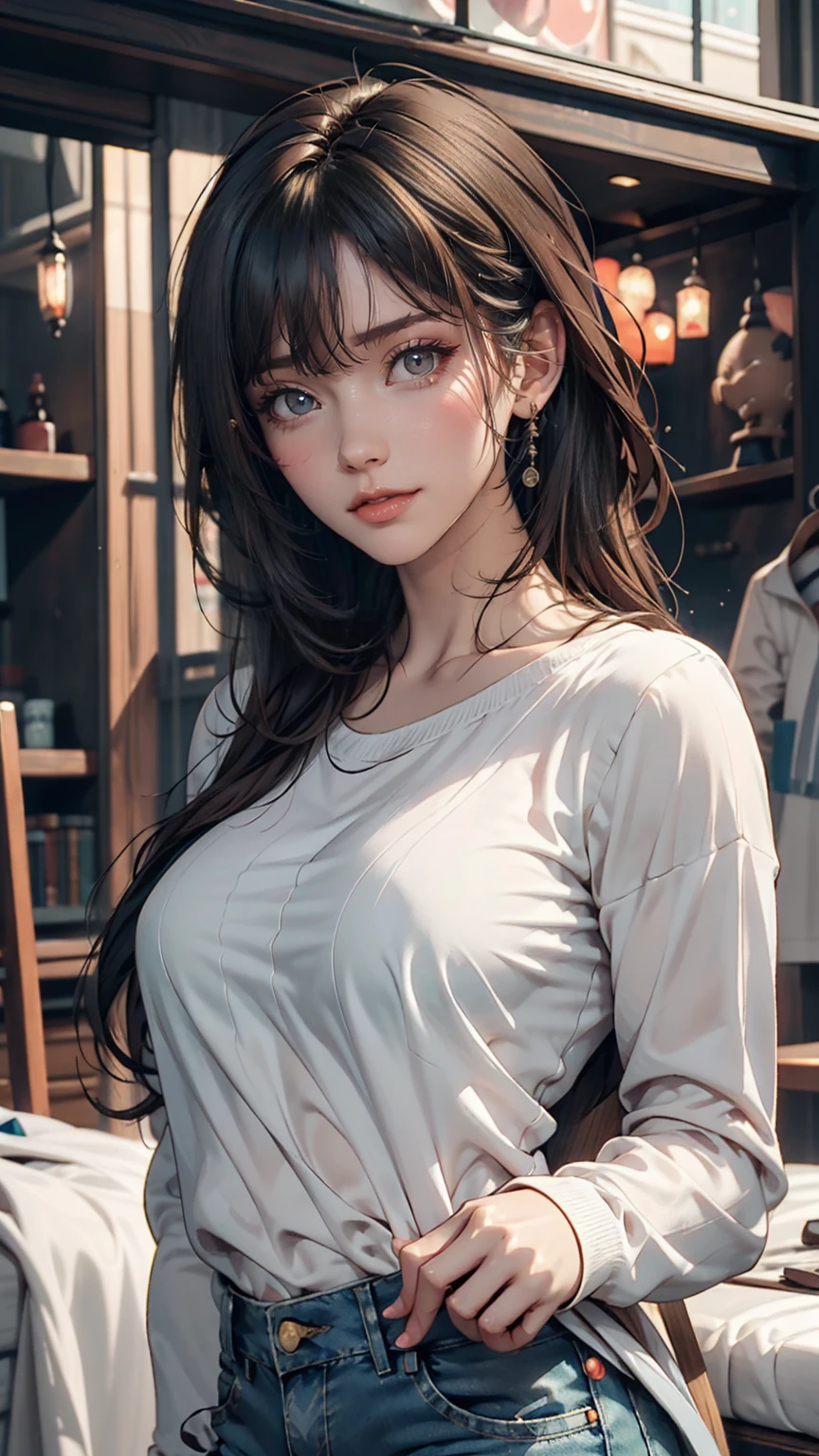 Female anime character wearing a black long sleeve shirt and blue jeans, Short brown hair, Neck length, Green Eyes, Tomer Hanukah inspired digital painting, Topics on pixiv, Sequential Art, Close up of intense gesture style, Full body details, Wear casual clothes, Style Anime, Anime style ultra detailed, Anime-style characters, Impressively detailed art style, Realistic art style, Clean and detailed anime style, modern anime style, Brown Hair
