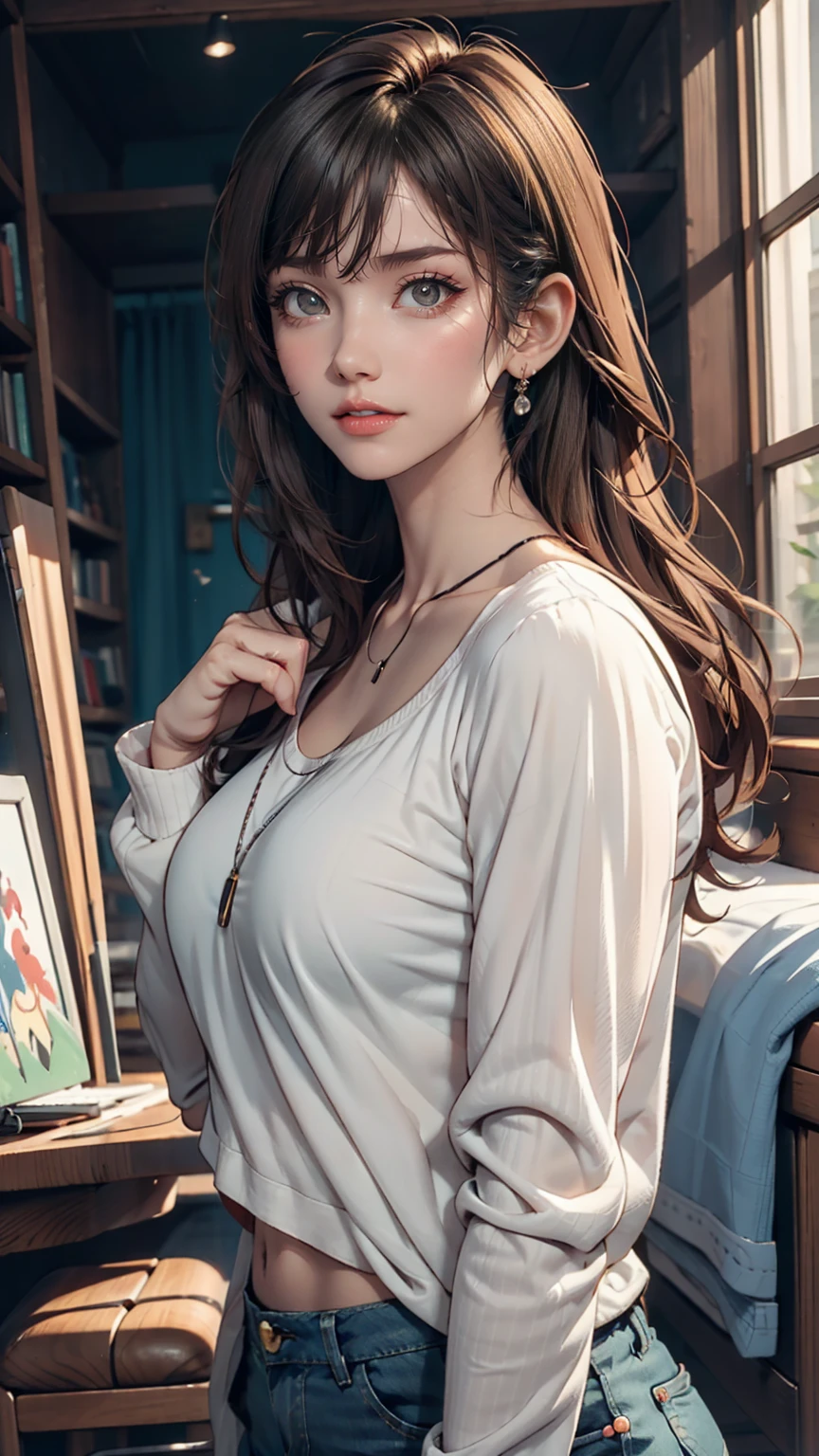 Female anime character wearing a black long sleeve shirt and blue jeans, Short brown hair, Neck length, Green Eyes, Tomer Hanukah inspired digital painting, Topics on pixiv, Sequential Art, Close up of intense gesture style, Full body details, Wear casual clothes, Style Anime, Anime style ultra detailed, Anime-style characters, Impressively detailed art style, Realistic art style, Clean and detailed anime style, modern anime style, Brown Hair