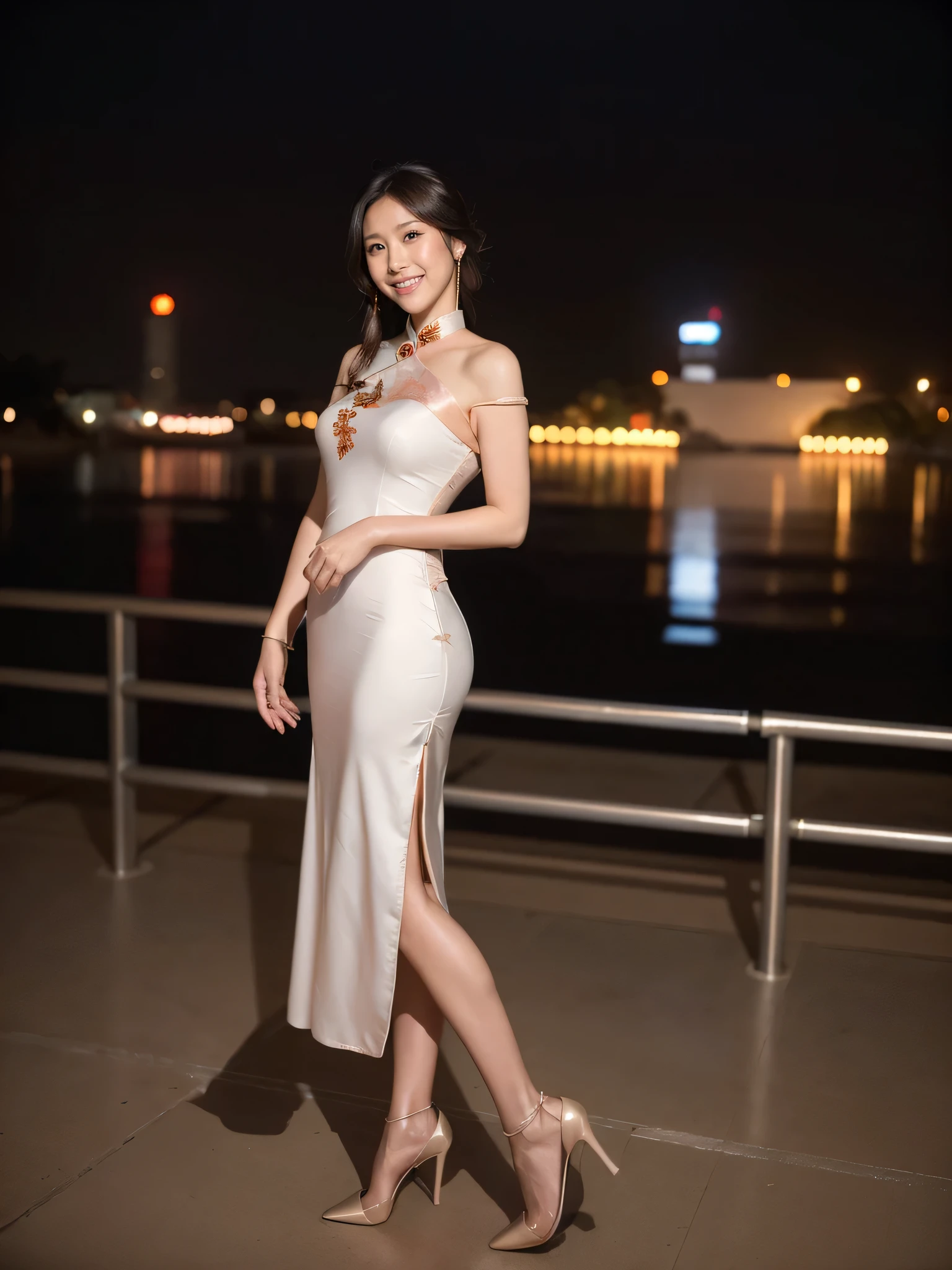 最high quality, 8K, Masseter area, Energetic, Clear focus, high quality, high resolution, Delicate face, Fine particles, thick lips, (Looking at the audience), Solitary, Beautiful woman, 38 years old, Plum, Black long hair, (Light-colored one-shoulder cheongsam dress:1.5),evening,No sunlight,In front of the park garden,(Standing in the park:1.5)、((Smile:1.5))、((Wearing black high heels)),Tall