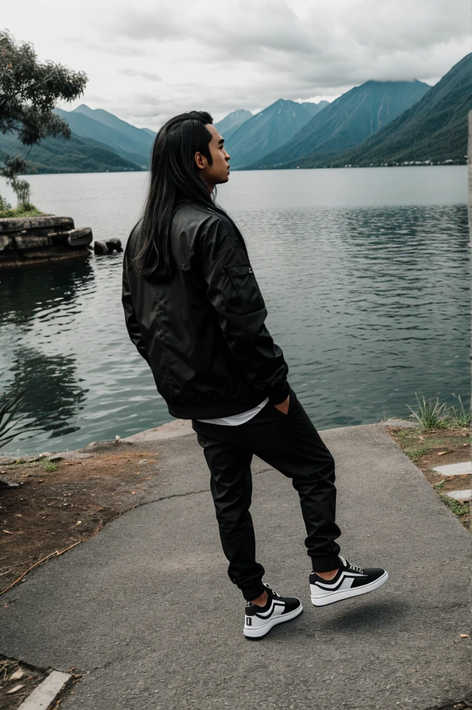 A mangolian boy of 28 years old with long hair looking toward the lake wearing black jacket and black paint and white shoes