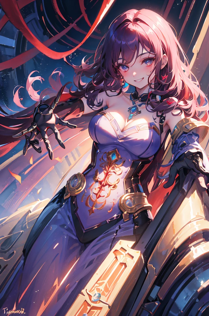 ((masterpiece)), a beautiful steampunk robot girl, with a right arm made entirely of metal, extending from the shoulder to the hand, in a captivating underwater setting. anime style, best quality, ultra-detailed, extremely detailed, 4K, 8K, ((no bad anatomy)), ((dynamic pose)), facing at viewer, ((watercolor)), dynamic angle, beautiful purple curly long hair, closed eyes, red eyeshadow around her eyes. mesh, fingered gloves, necklace, smile, grin, sparkling effect, no bad hands,