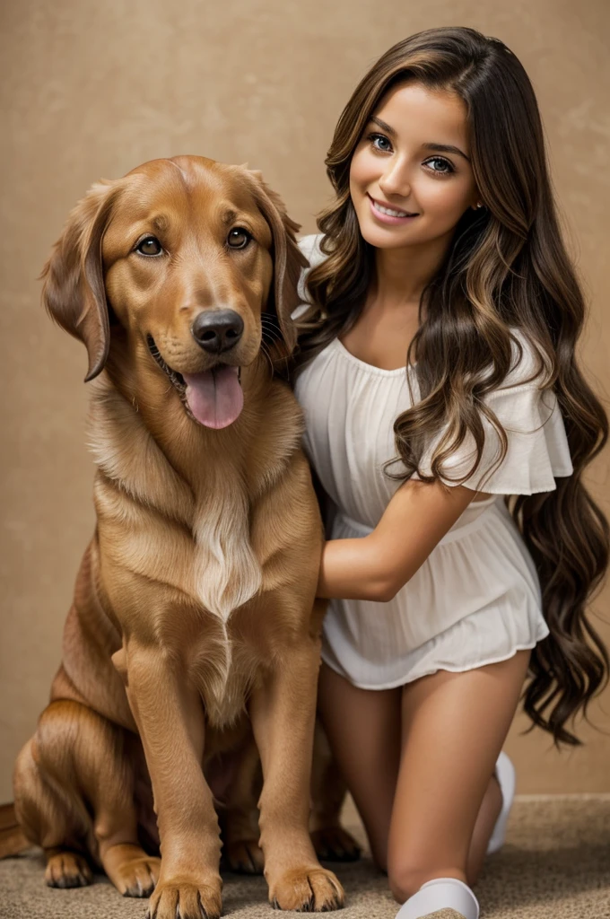 A photograph of a young lady with long wavy light brown hair, white skin with a 2 year old , short wavy fur, light brown skin, and next to him a puppy mixed between Doberman and German shepherd with standing ears..