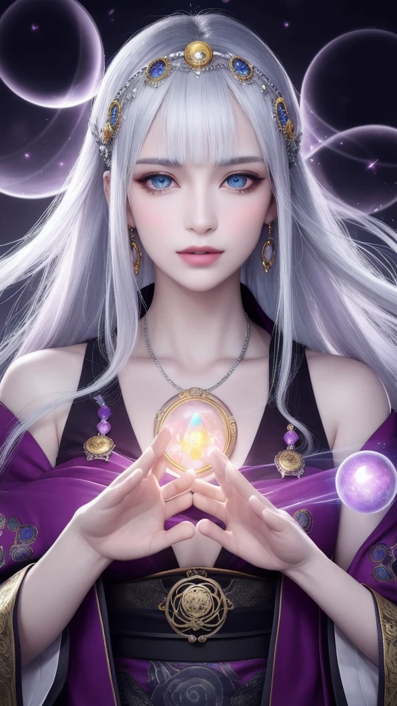 (masterpiece, top quality, 1 female, solo, exquisite details, chromatic aberration), (realistic), (skin), ((breathing)), (silver hair, blunt bangs, short straight long hair, short bangs, silver hair), beautiful hair, red headdress, blue highlights, hair over one eye, beautiful eyes, purple eyes, thick lips, earrings, piercing eyes, ((gold and white kimono)), ((symmetrical eyes)), ((perfectly symmetrical body)), ((perfectly symmetrical hands)), (purerosface_v1:0.3), night, ((self, natural light))), bright lighting, flowers blooming in the background, in front of the viewer, ((central shot, from the front, (face and shoulders))), mysterious atmosphere, bright flowers blooming around, bright colored background, rainbow colored background, fortune teller in kimono, beautiful fortune teller, fortune teller, fantasy female fortune teller, female fortune teller ,fFantasy photography, magician, witch fairy tale, Japanese style, elegant cinematic fantasy art, fantasy woman, sorceress portrait, casting spells, fortune teller, powerful wizard surrounded by mystical colorful flowers, wearing fluttering robes adorned with symbols, holding a glowing heart crystal ball, eyes glowing with mystical energy, spells leaking from his mouth, vivid swirls of sorcery pulsating with iridescent hues appear in the air, magic permeates, flowers bloom, sacred creatures gaze in awe, threads of magical energy dance, revealing hidden realms, unravelling secrets, capturing the essence of this enchanting moment and bringing to life the mystical power of sorcery on a canvas of the highest quality and finest detail. Highest Quality, Masterpiece, Ultra High Resolution, (Photorealistic: 1.4), RAW Photo, Sharp Focus, High Resolution, Detailed Skin.