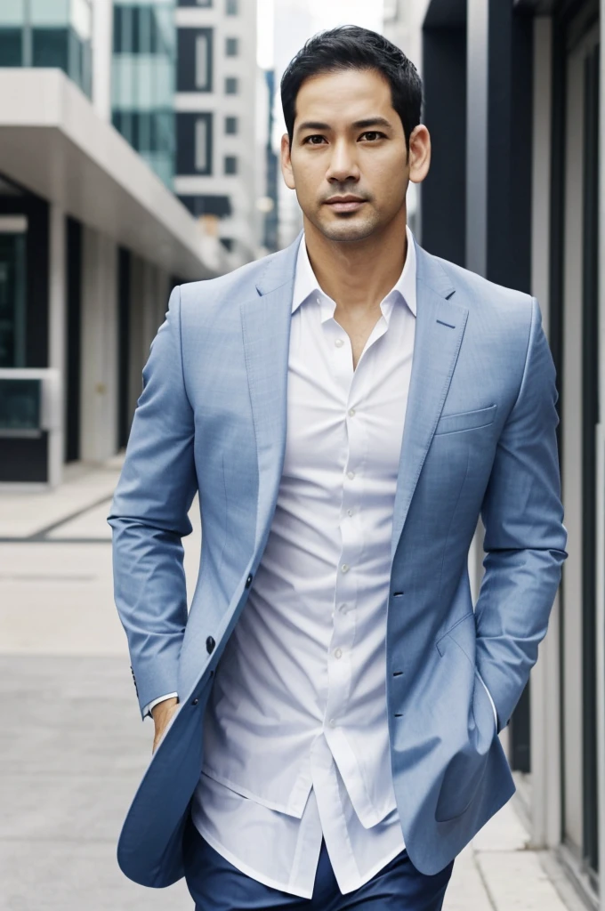 A guy who looks between 30 and 40 years old, rubio, good physique, light blue skin color and wearing a business suit (without the black jacket, just the white shirt) anime style