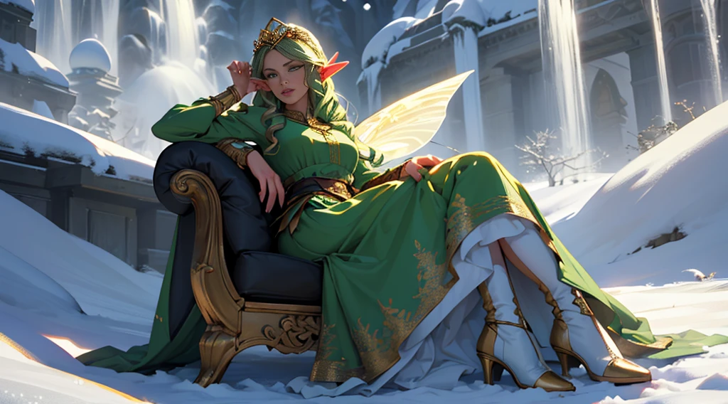 ((cinematic light, Best quality, 8 k, masterpiece :1.3)), (extremely detailed:1.2), (extremely detailed face), (Photorealistic:1.2), (ultra detailed), 8 k, look at the viewer, snowy mountains background, 8 k, uhd, soft lighting, high quality, Beautiful, professional, hyperrealistic, hyper-detailed, soft shadows, masterpiece, Best quality, ultra realistic, 8 k, Golden ratio, difficult, high detail, soft focus, (((1 girl))), long hair, dark green hair, flower, One, Looking at the viewer, Wavy hair, male focus, bird, 1 girl, Female, green dress, lips, closed mouth, dress, 1 girl, green eyes, flower, eyelashes, (((mature))), ((long elf ears)), (((golden tiara))), (full body shot), Sitting, mature, (((elegant))), ((tall fairy)), (((BITCH FACE))), ((complacent)), ((complacent)), ((queen)), (((snow))), boots, (Lady)