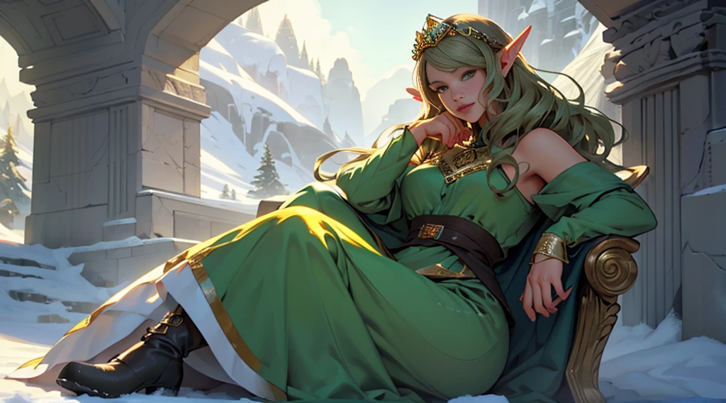 ((cinematic light, Best quality, 8 k, masterpiece :1.3)), (extremely detailed:1.2), (extremely detailed face), (Photorealistic:1.2), (ultra detailed), 8 k, look at the viewer, snowy mountains background, 8 k, uhd, soft lighting, high quality, Beautiful, professional, hyperrealistic, hyper-detailed, soft shadows, masterpiece, Best quality, ultra realistic, 8 k, Golden ratio, difficult, high detail, soft focus, (((1 girl))), long hair, dark green hair, flower, One, Looking at the viewer, Wavy hair, male focus, bird, 1 girl, Female, green dress, lips, closed mouth, dress, 1 girl, green eyes, flower, eyelashes, (((mature))), ((long elf ears)), (((golden tiara))), (full body shot), Sitting, mature, (((elegant))), ((tall fairy)), (((BITCH FACE))), ((complacent)), ((complacent)), ((queen)), (((snow))), boots, (Lady)