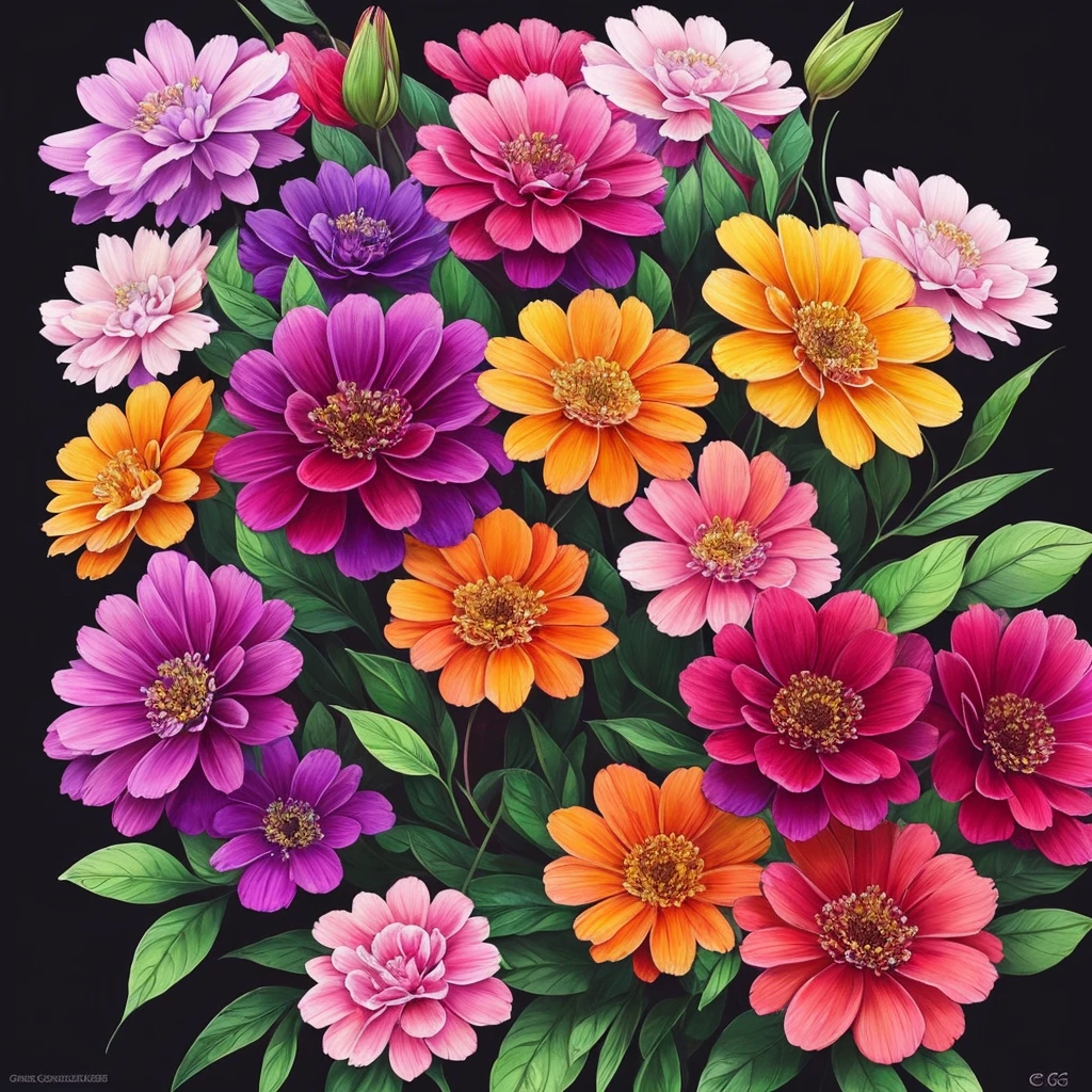 a close up of a bunch of flowers with a dark background, 🌺 cgsociety, beautiful!!! digital art, gorgeous digital art, beautiful detail and color, beautiful color art!, great pinterest photo, rich flower colors, very beautiful digital art, by Marie Bashkirtseff, beautiful digital art, magical colorful flowers, wow it is beautiful, by Android Jones