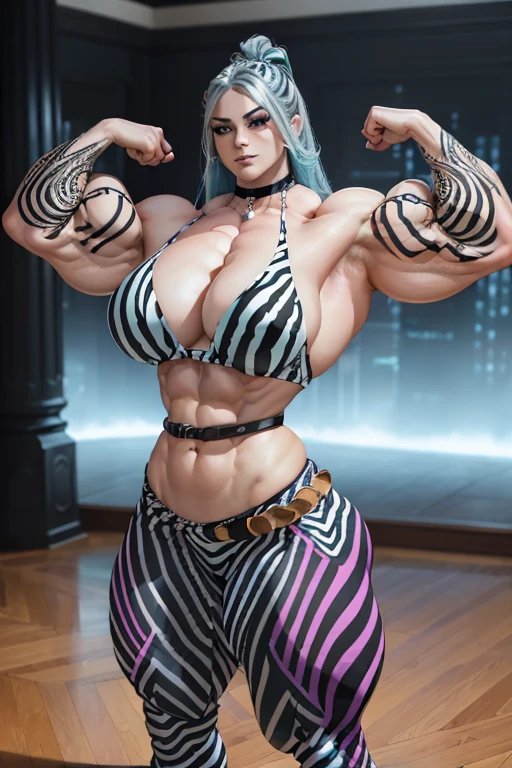 (((Massive tall, beautiful, buff, pale white skinned muscular woman with cyan hair, black lipstick, ginormous bulky muscles and wearing a beautiful zebra printed unbuttoned top with a beautiful zebra printed tight pants))), (close view), massive muscle, massive biceps, hyper muscle shoulders, massive muscle arms, vascular shoulders, hyper muscle triceps, (long beachy hair), (beautiful unbuttoned zebra printed blouse), purple eyes, gauntlets, gloves, choker, (beautiful zebra printed tight pants with a belt), boots, (in a ballroom), closed smile, night, hyper vascular arm, hyper muscles arms, hyper muscle legs, massive arms
