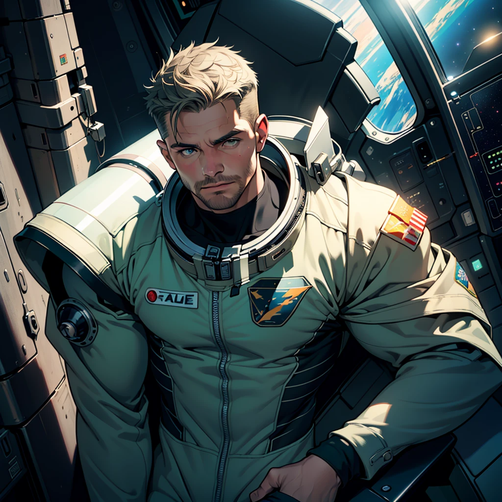 32k,masterpiece, best quality, detailed face, natural eyes,1man, solo mature man, muscled and mature, stephen amell as an astronaut wearing future space suit, dark green suit, showing muscles and bulge ,floating in the space inside a space shuttle , with "arrow" text and logo on his suit ,  full body, intricate Detailed background 