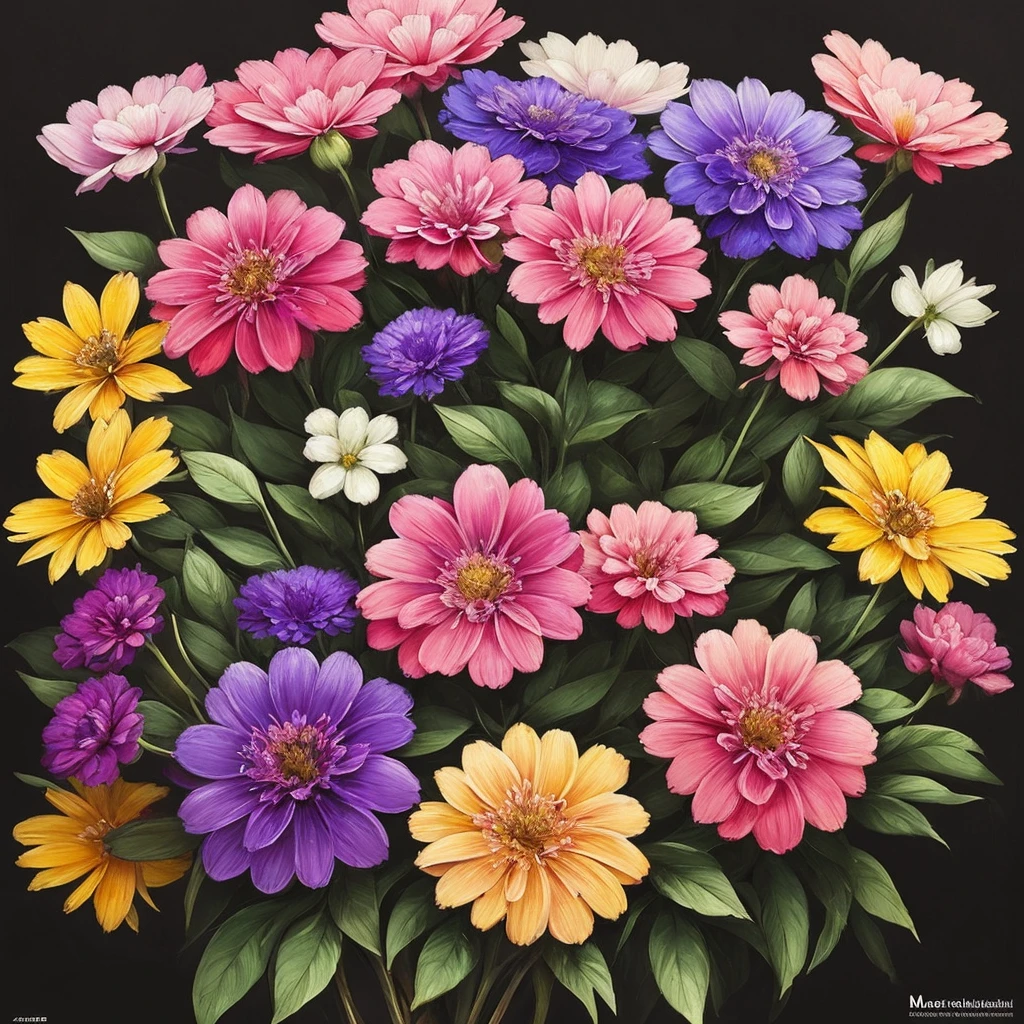 a close up of a bunch of flowers with a dark background, a digital painting by Marie Bashkirtseff, trending on cgsociety, digital art, 🌺 cgsociety, beautiful!!! digital art, gorgeous digital art, beautiful detail and color, beautiful color art!, great pinterest photo, very beautiful digital art, rich flower colors, beautiful digital art, magical colorful flowers