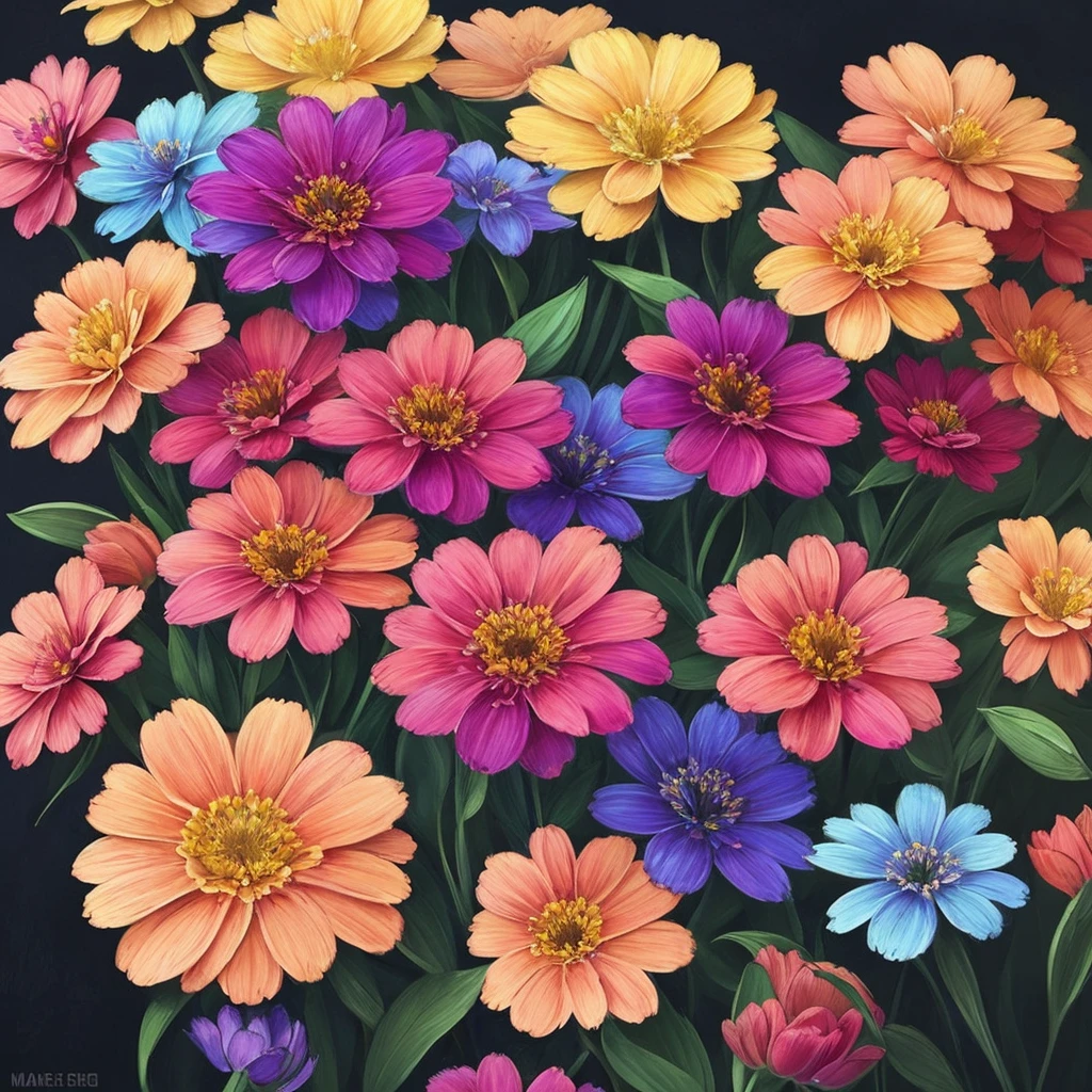 a close up of a bunch of flowers with a dark background, a digital painting by Marie Bashkirtseff, trending on cgsociety, digital art, 🌺 cgsociety, beautiful!!! digital art, gorgeous digital art, beautiful detail and color, beautiful color art!, great pinterest photo, very beautiful digital art, rich flower colors, beautiful digital art, magical colorful flowers