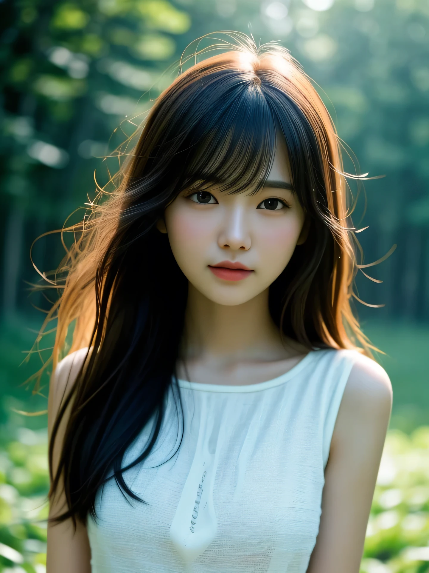 (Photo Real:1.4), (hyper realisitic:1.4), (Smooth lighting:1.05), 1 girl, blouse, (sad:1.4), open your mouth to say something, Close-up of the face, Soft lighting, Back lighting, (cheerfulness:1.2), (Finest Real Textured Skins), Narrow-eyed, Super fine face, glowy skin, retinas, Anatomically correct, acurate, medium hair, hair blown by the wind, Textured skin, High quality, high details, Best Quality, High resolution, bangs, The morning sunlight shines through the misty forest path.