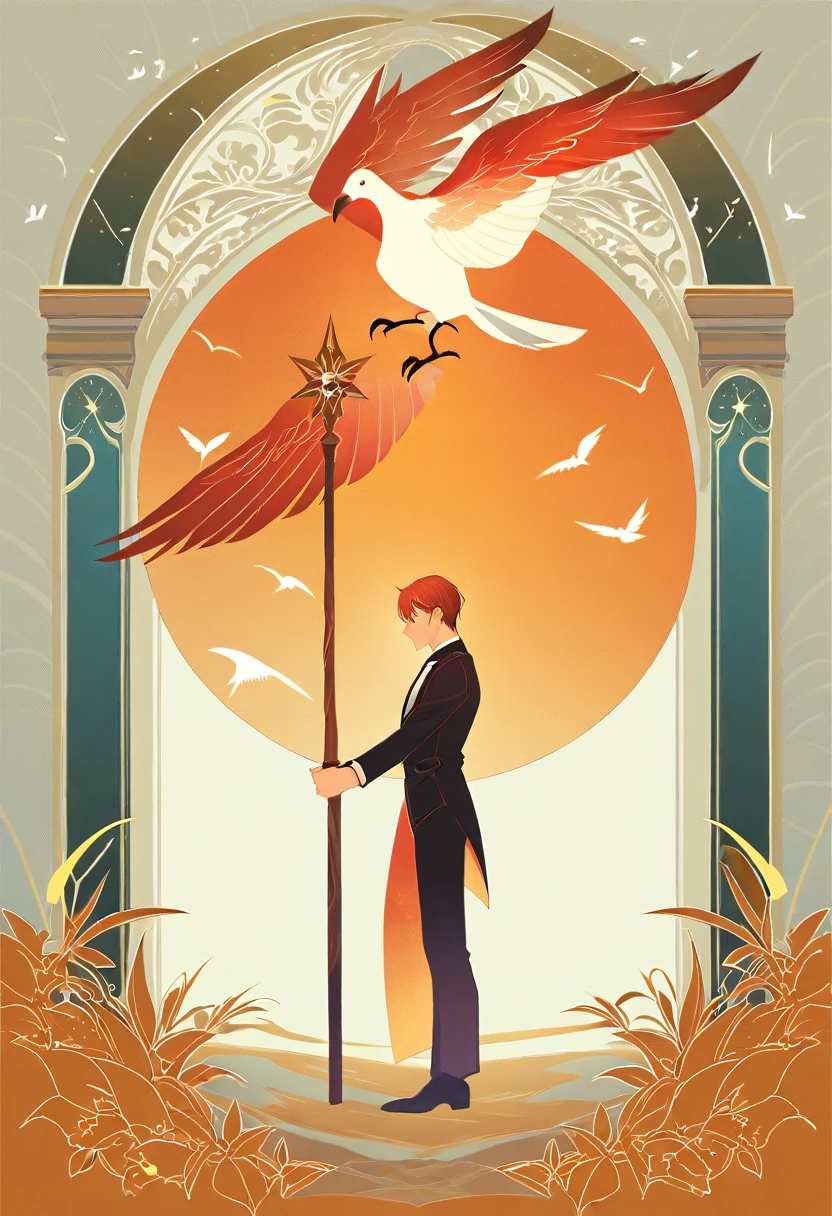 Full body portrait of 1 boy, Magician, holding a wooden stick, Standing and painting the whole body., bird, (((single))), clear face, simple line design, ((tarot card background, symmetrical beauty)), Perfectly symmetrical., The art of symmetry, Standing and drawing characters, ((Plain colors)), Masterpiece，highest priority，best quality，Ultra high resolution, 