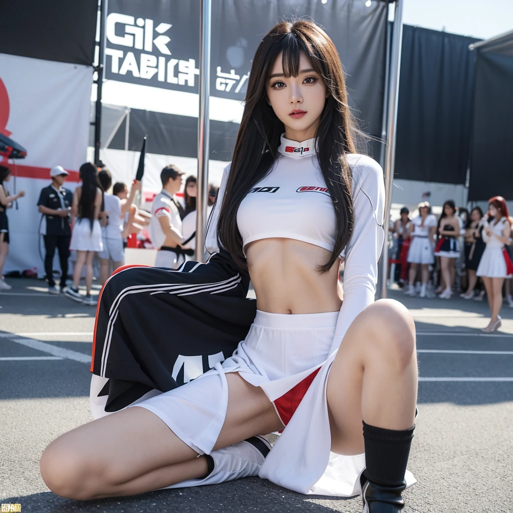 Super detailed photos、Detailed face、Lip gloss、Cool woman、Colorful costumes、F1 Driver Cosplay、Colorful costumes、Clothing with company logo、Grid Girlsのカラフルで派手な衣装、Grid Girls、Perfect Face、Paddock Girls、Harem、motor Show、tights、Bodycon Costumes、Grid Girls、Russia、Grid Girlsのコスプレ、belly button、Pleated skirt、Bodycon Costumes、Legs open pose、Spread your legs to show your crotch