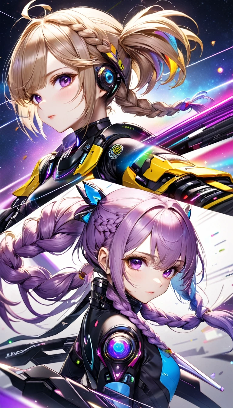 best quality, super fine, 16k, incredibly absurdres, extremely detailed, delicate and dynamic, (two beautiful female cyber warriors:1.7), background black and purple swirling black hole, galaxy, (cute cyber warrior with purple eyes and braided low twin tails with gradient from white to purple at the ends), and (cool beauty cyber warrior with gold eyes and rainbow-colored ponytail with braided sides), motion blur, action blur, various image effects