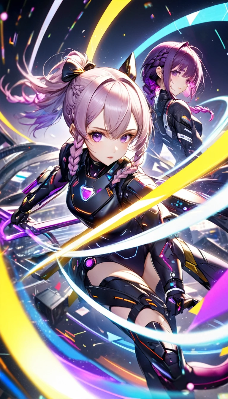 best quality, super fine, 16k, incredibly absurdres, extremely detailed, delicate and dynamic, (two beautiful female cyber warriors:1.7), background black and purple swirling black hole, galaxy, (cute cyber warrior with purple eyes and braided low twin tails with gradient from white to purple at the ends), and (cool beauty cyber warrior with gold eyes and rainbow-colored ponytail with braided sides), motion blur, action blur, various image effects