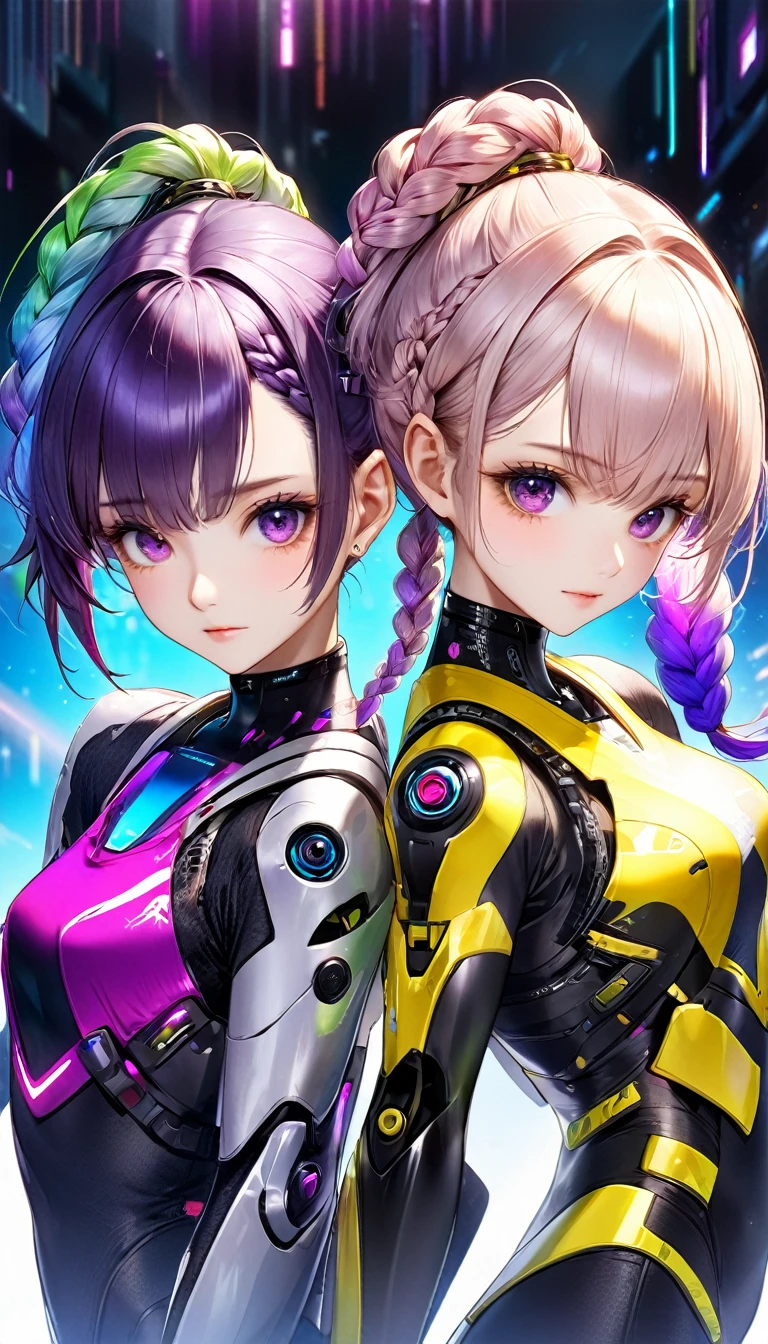 best quality, super fine, 16k, incredibly absurdres, extremely detailed, delicate and dynamic, (two beautiful female cyber warriors:1.7), background black and purple swirling black hole, galaxy, (cute cyber warrior with purple eyes and braided low twin tails with gradient from white to purple at the ends), and (cool beauty cyber warrior with gold eyes and rainbow-colored ponytail with braided sides), motion blur, action blur, various image effects