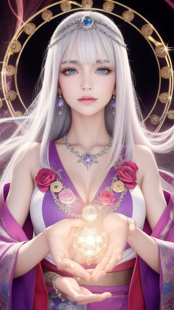 (masterpiece, top quality, 1 female, solo, exquisite details, chromatic aberration), (realistic), (skin), ((breathing)), (silver hair, blunt bangs, short straight long hair, short bangs, silver hair), beautiful hair, red headdress, blue highlights, hair over one eye, beautiful eyes, purple eyes, thick lips, earrings, piercing eyes, ((gold and white kimono)), ((symmetrical eyes)), ((perfectly symmetrical body)), ((perfectly symmetrical hands)), (purerosface_v1:0.3), night, ((self, natural light))), bright lighting, flowers blooming in the background, in front of the viewer, ((central shot, from the front, (face and shoulders))), mysterious atmosphere, bright flowers blooming around, bright colored background, rainbow colored background, fortune teller in kimono, beautiful fortune teller, fortune teller, fantasy female fortune teller, female fortune teller ,fFantasy photography, magician, witch fairy tale, Japanese style, elegant cinematic fantasy art, fantasy woman, sorceress portrait, casting spells, fortune teller, powerful wizard surrounded by mystical colorful flowers, wearing fluttering robes adorned with symbols, holding a glowing heart crystal ball, eyes glowing with mystical energy, spells leaking from his mouth, vivid swirls of sorcery pulsating with iridescent hues appear in the air, magic permeates, flowers bloom, sacred creatures gaze in awe, threads of magical energy dance, revealing hidden realms, unravelling secrets, capturing the essence of this enchanting moment and bringing to life the mystical power of sorcery on a canvas of the highest quality and finest detail. Highest Quality, Masterpiece, Ultra High Resolution, (Photorealistic: 1.4), RAW Photo, Sharp Focus, High Resolution, Detailed Skin.