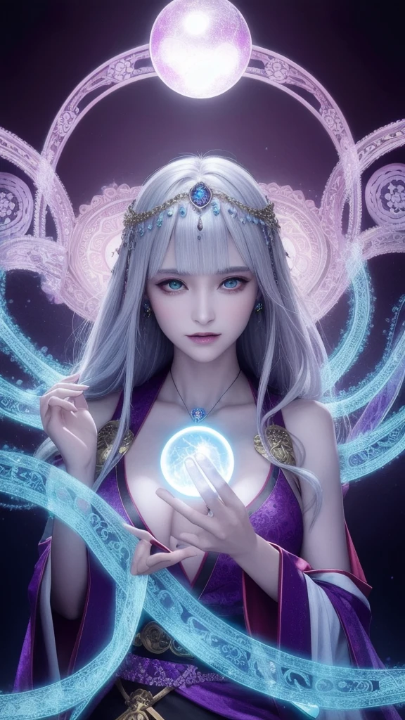 (masterpiece, top quality, 1 female, solo, exquisite details, chromatic aberration), (realistic), (skin), ((breathing)), (silver hair, blunt bangs, short straight long hair, short bangs, silver hair), beautiful hair, red headdress, blue highlights, hair over one eye, beautiful eyes, purple eyes, thick lips, earrings, piercing eyes, ((gold and white kimono)), ((symmetrical eyes)), ((perfectly symmetrical body)), ((perfectly symmetrical hands)), (purerosface_v1:0.3), night, ((self, natural light))), bright lighting, flowers blooming in the background, in front of the viewer, ((central shot, from the front, (face and shoulders))), mysterious atmosphere, bright flowers blooming around, bright colored background, rainbow colored background, fortune teller in kimono, beautiful fortune teller, fortune teller, fantasy female fortune teller, female fortune teller ,fFantasy photography, magician, witch fairy tale, Japanese style, elegant cinematic fantasy art, fantasy woman, sorceress portrait, casting spells, fortune teller, powerful wizard surrounded by mystical colorful flowers, wearing fluttering robes adorned with symbols, holding a glowing heart crystal ball, eyes glowing with mystical energy, spells leaking from his mouth, vivid swirls of sorcery pulsating with iridescent hues appear in the air, magic permeates, flowers bloom, sacred creatures gaze in awe, threads of magical energy dance, revealing hidden realms, unravelling secrets, capturing the essence of this enchanting moment and bringing to life the mystical power of sorcery on a canvas of the highest quality and finest detail. Highest Quality, Masterpiece, Ultra High Resolution, (Photorealistic: 1.4), RAW Photo, Sharp Focus, High Resolution, Detailed Skin.