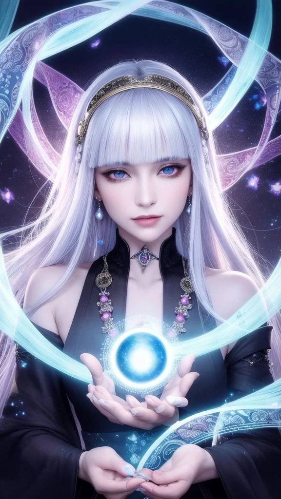 (masterpiece, top quality, 1 female, solo, exquisite details, chromatic aberration), (realistic), (skin), ((breathing)), (silver hair, blunt bangs, short straight long hair, short bangs, silver hair), beautiful hair, red headdress, blue highlights, hair over one eye, beautiful eyes, purple eyes, thick lips, earrings, piercing eyes, ((gold and white kimono)), ((symmetrical eyes)), ((perfectly symmetrical body)), ((perfectly symmetrical hands)), (purerosface_v1:0.3), night, ((self, natural light))), bright lighting, flowers blooming in the background, in front of the viewer, ((central shot, from the front, (face and shoulders))), mysterious atmosphere, bright flowers blooming around, bright colored background, rainbow colored background, fortune teller in kimono, beautiful fortune teller, fortune teller, fantasy female fortune teller, female fortune teller ,fFantasy photography, magician, witch fairy tale, Japanese style, elegant cinematic fantasy art, fantasy woman, sorceress portrait, casting spells, fortune teller, powerful wizard surrounded by mystical colorful flowers, wearing fluttering robes adorned with symbols, holding a glowing heart crystal ball, eyes glowing with mystical energy, spells leaking from his mouth, vivid swirls of sorcery pulsating with iridescent hues appear in the air, magic permeates, flowers bloom, sacred creatures gaze in awe, threads of magical energy dance, revealing hidden realms, unravelling secrets, capturing the essence of this enchanting moment and bringing to life the mystical power of sorcery on a canvas of the highest quality and finest detail. Highest Quality, Masterpiece, Ultra High Resolution, (Photorealistic: 1.4), RAW Photo, Sharp Focus, High Resolution, Detailed Skin.