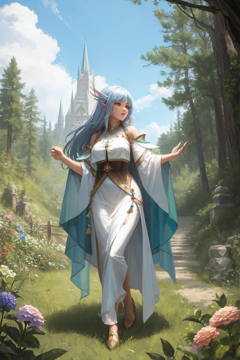full body portrait. A cute mage. her power from nature. forest related. she's a fairy of the flowers.