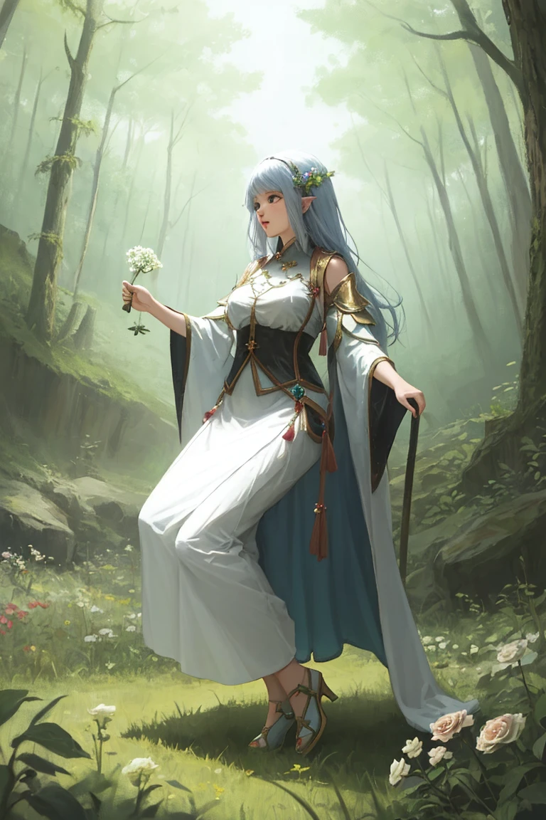 full body portrait. A cute mage. her power from nature. forest related. she's a fairy of the flowers. 
