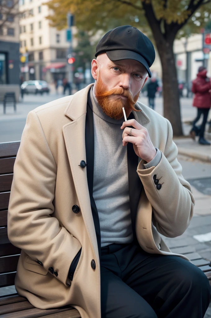 A bald white man with a short red beard wearing a cap and black coat sits on a park bench and smokes a cigarette while answering a phone, in the background people passing by