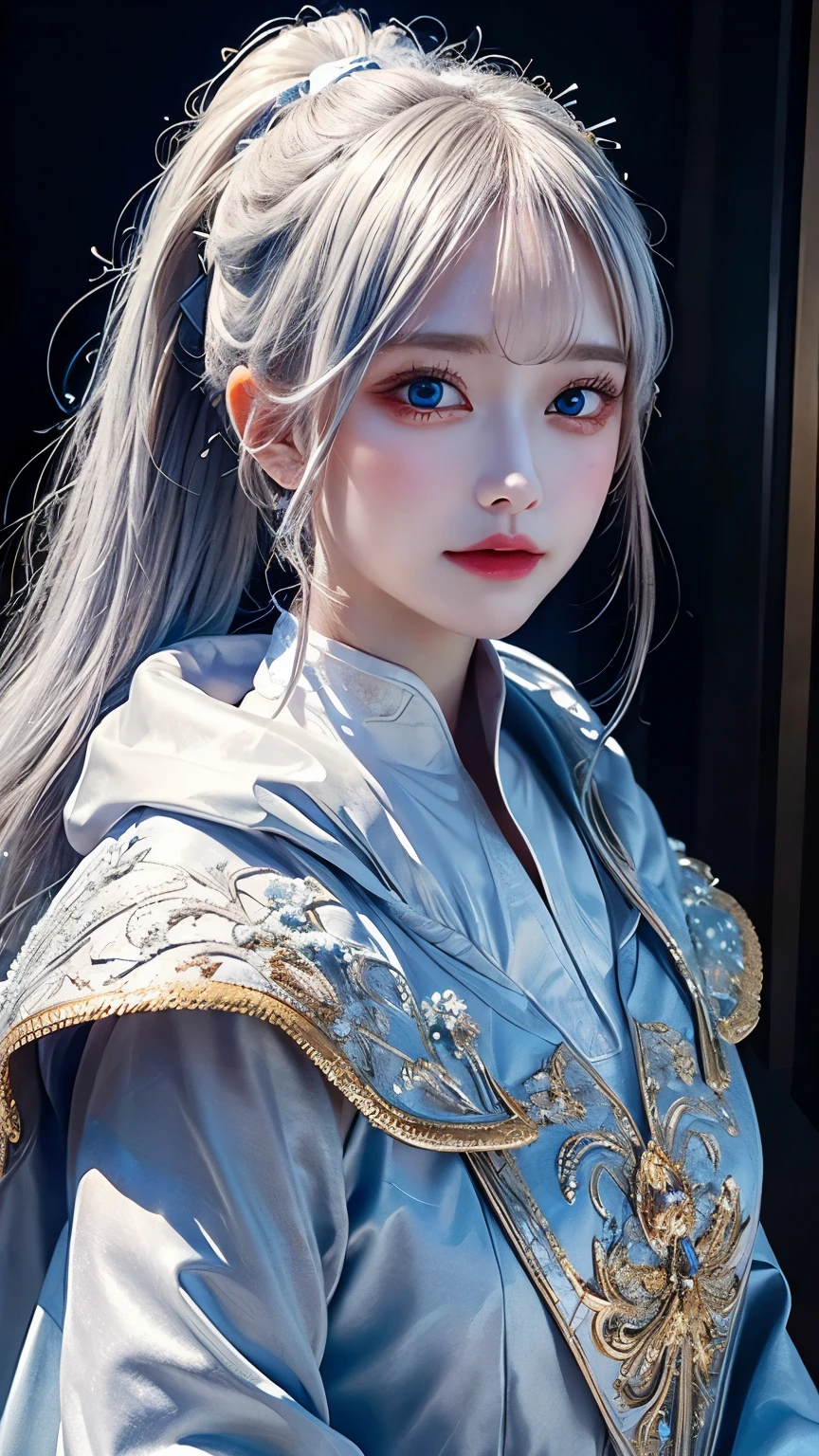 masterpiece, (best quality:1.2), (ultra-detailed:1.2), illustration, (an extremely delicate and beautiful:1.2),cinematic angle,floating, (beautiful detailed eyes:1.1), (detailed light:1.1),cinematic lighting, beautifully detailed sky, women, white hair, blue eyes, (high ponytail:1.1), cloak, glowing eyes, (moon:1.2), (moonlight:1.1), starry sky, (lighting particle:1.1), fog, snow painting, sketch, bloom