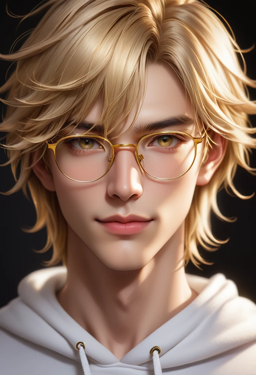       A handsome mature young boy wearing gold-rimmed glasses takes a photo of his face. Close-up of a blond-haired man wearing gold-rimmed glasses( perfect anatomy ) Face side close-up. 

            Detailed face. realistic eyes. The face and eyes are very detailed. Delicate skin.、Delicate skin texture smile, 

                White hoodie dark shadow background, soft light, Professional photography master&#39;Artworks, texture, complicated, Clear,

               High-quality masterpieces，Extremely complicated and exquisitely detailed, Super detailed, Super detailed digital art