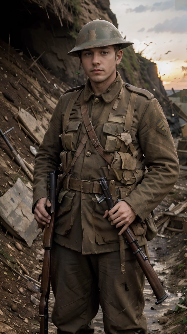 (masterpiece), best quality, expressive eyes, perfect face, cliffs, man, trenches, dirty, uniform, realistic, HD, holding Rifle, Enfield rifle, Somme, trench warfare, bayonet, dusk, explosion, bombarded