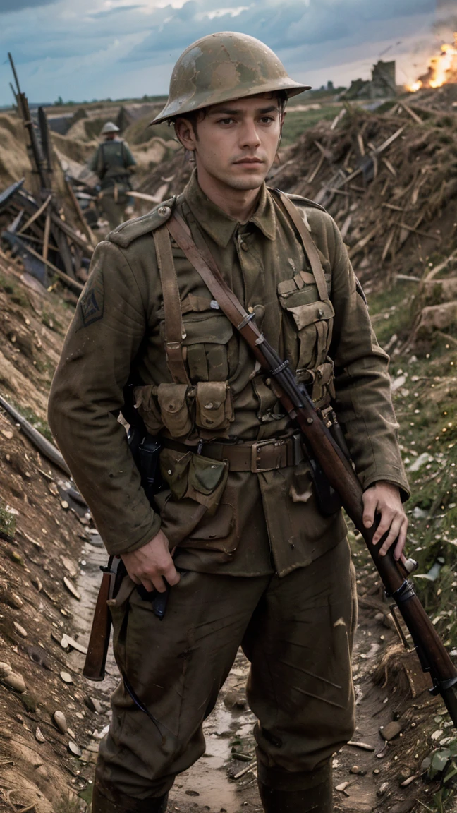 (masterpiece), best quality, expressive eyes, perfect face, cliffs, man, trenches, dirty, uniform, realistic, HD, holding Rifle, Enfield rifle, Somme, trench warfare, bayonet, dusk, explosion, bombarded