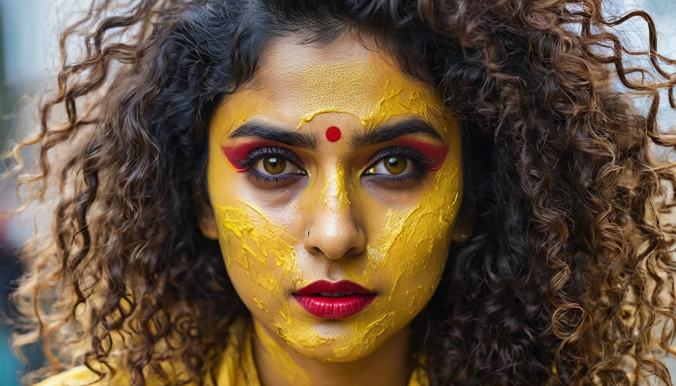 Closeup of an Indian woman with messy curly hair, face is partially covered by hair. Vertical eyes with yellow lenses. Forehead is covered with yellow color with a red round structure in the middle. Long, asymmetrical teethwith red lips.. Her face scary and sinister.