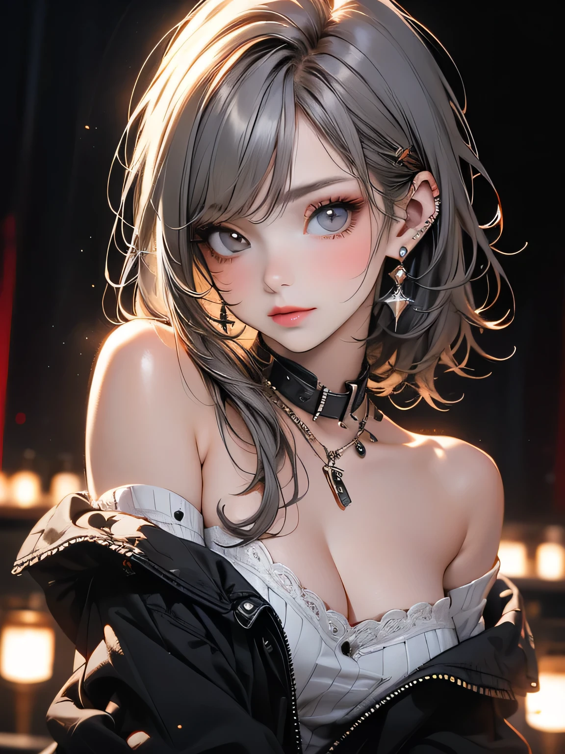 Highest quality, masterpiece, Ultra-high resolution, (Realistic: 1.4), RAW Photos, One girl, Off the shoulder, Cinema Lighting, Kiss pose, Heterochromia iridis, Gray Hair, Cleavage,