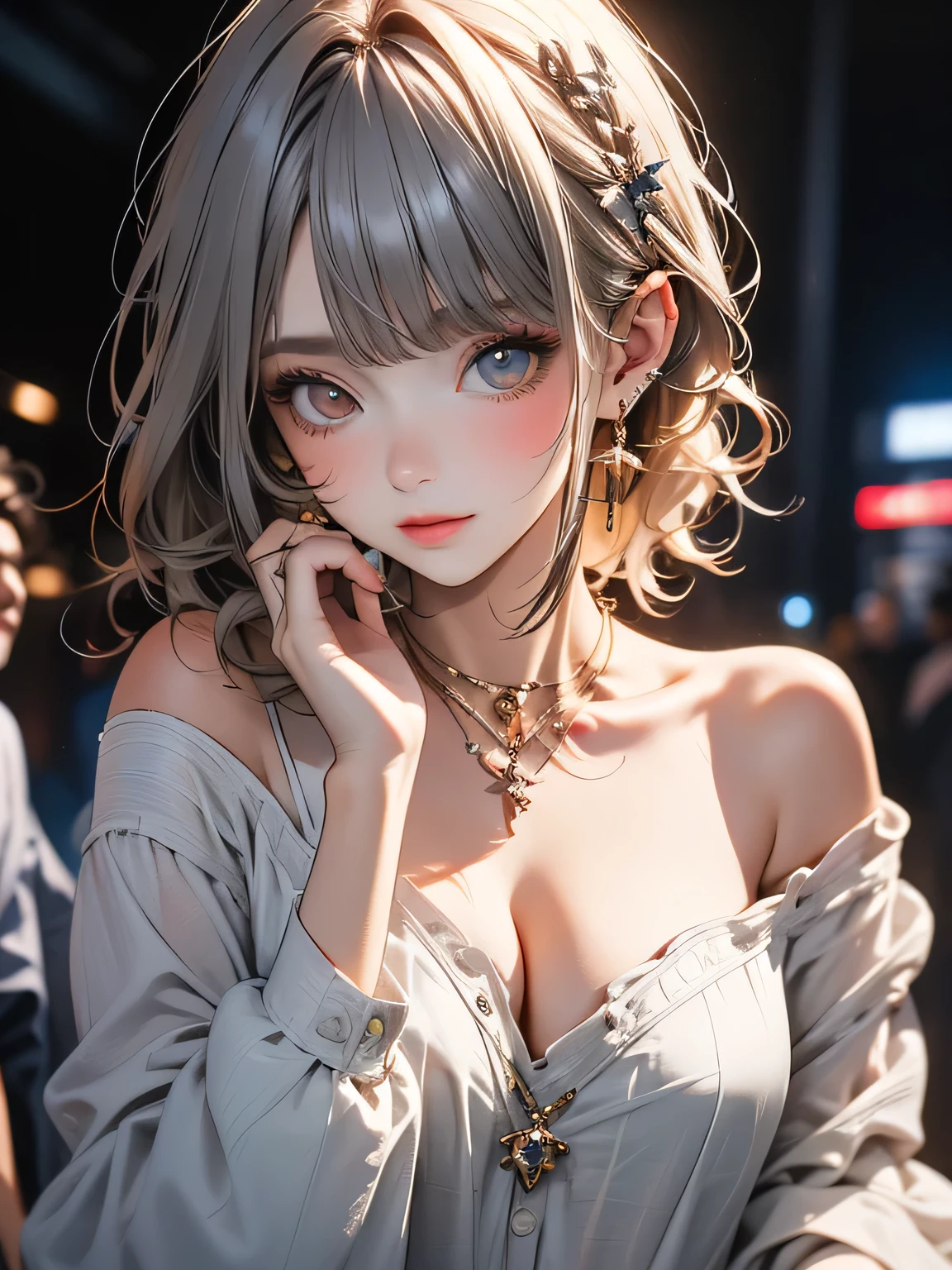 Highest quality, masterpiece, Ultra-high resolution, (Realistic: 1.4), RAW Photos, One girl, Off the shoulder, Cinema Lighting, Kiss pose, Heterochromia iridis, Gray Hair, Cleavage,