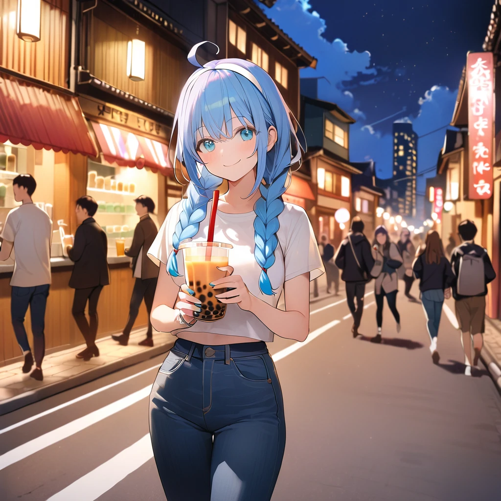 1girl, light-blue hair, long hair, twin braids, ahoge, white hairband, aqua eyes, white cropped t-shirt and jeans, smiling holding a boba tea, background street, peoples, buildings, road, night, night_sky, clouds