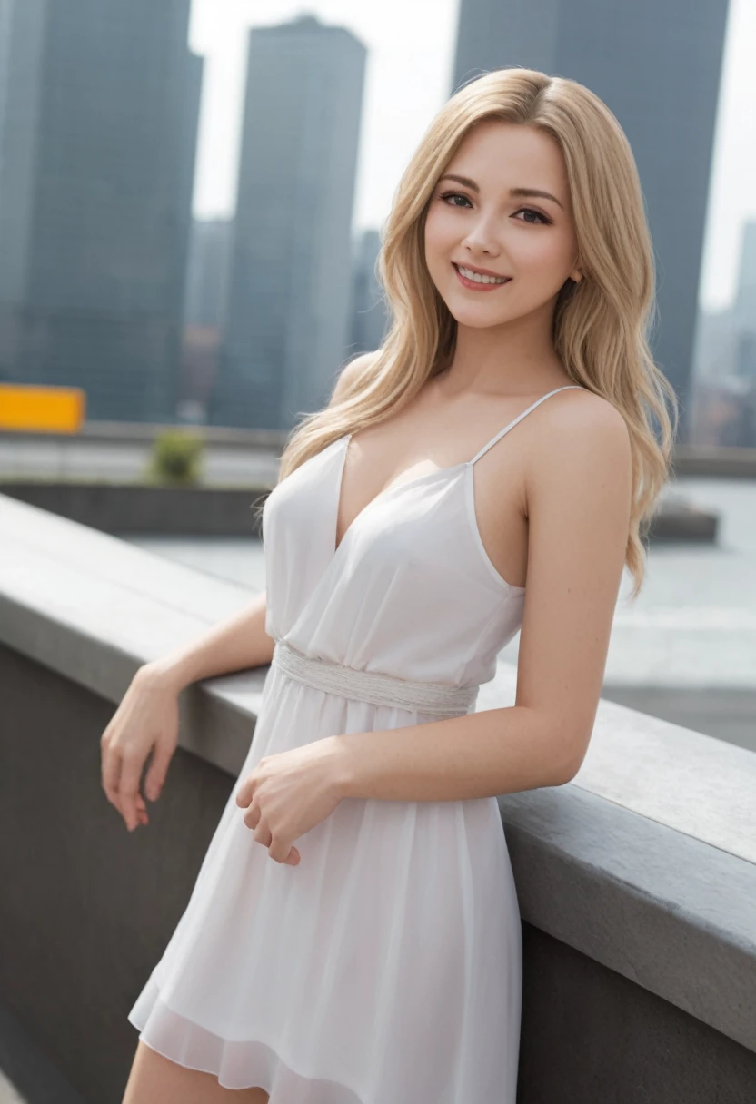 （（Leila、18-year-old、Cute white woman））、1 person、（Thin contours:1.3）、（Grey Eyes:2.0）、（Realistic bust size 90cm:1.3）、（Narrow waist）、（White and translucent skin）、（Natural light blonde medium long hair:1.3）8-head-tall model style、Long dress、Waist-down angle、Inside the city of Tokyo、smile