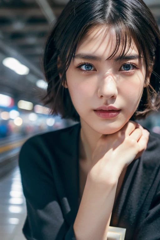 (award winning, 8k, super detailed, high resolution, best quality, photography, portrait), 1girl, solo, beautiful girl, beautiful eyes, detailed eyes, (black eye), short hair, black hair, at train station, POV, ((upper body)), (arms wide open pose)