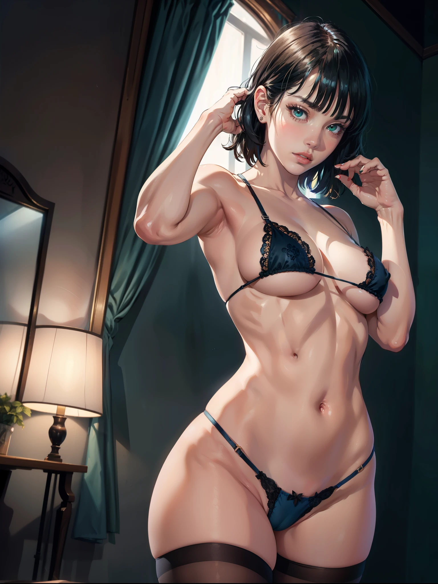 Hyper realistic super detailed sexy fubuki, Very detailed, expressions faciales sexy, seductive facial expressions, [:(Face detail: 1.4): 0.4], 16K resolution, 4k resolution, dinamic lighting, High definition resolution, (hyper realistic: 1.4),(contrasting background: 1.5), hyperrealistic arm), (Hyperrealistic legs), (peau propre), (lighting cinematic: 1.7), (intime), (Technologie NVIDIA RTX Ray Tracing),  hyperrealistic arm: 2), (Ventre plat parfait), (image couleur),fubuki, long hair, large breasts, mirror, room, brown transparent high leg stockings, thighs, tight cameltoe, masterpiece, best quality, highly detailed, desire, blush, perfect hands, blush, shy, tight gap, skindentation, mirror, room, beautiful pose, half naked, deep cameltoe, super small micro lace transparent bikini g string, big breast, half naked, showing entire body, detailed vagina, big  tits, detailed anus, beautiful perfect nipples