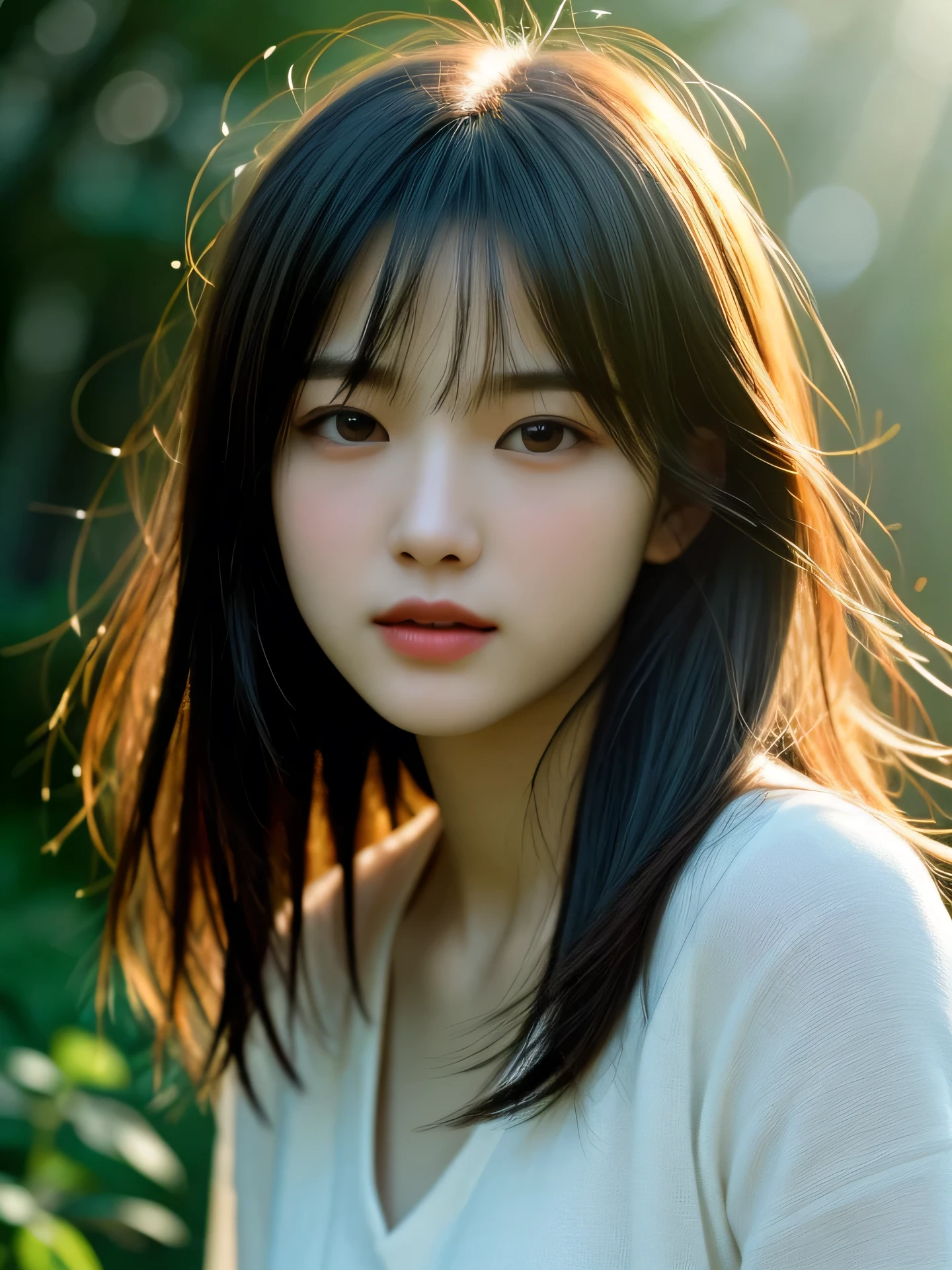 (Photo Real:1.4), (hyper realisitic:1.4), (Smooth lighting:1.05), 1 girl, blouse, (sad:1.4), open your mouth to say something, Close-up of the face, Soft lighting, Back lighting, (cheerfulness:1.2), (Finest Real Textured Skins), Narrow-eyed, Super fine face, glowy skin, retinas, Anatomically correct, acurate, medium hair, hair blown by the wind, Textured skin, High quality, high details, Best Quality, High resolution, bangs, The morning sunlight shines through the misty forest path.