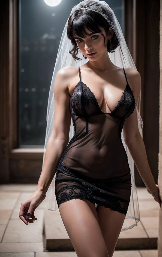 (16k, RAW photos, top quality, masterpiece:1.2), (realistic, photorealistic:1.37), (ultra detailed:1.5), (high detail skin:1.5), 8k UHD, (full body:1.1), dslr, high quality, film grain, shining eyes, professional lighting, photon mapping, (full body:1.4), ( two, 22 year old girl as an super sexy incredibly beautiful sexual bride:1.5), with ultra sexual slender body, blue eyes detailed, FF cupped large breasts, ultra deep cleavage, gothic makeup, dark lips voluminous, short hair with bangs style bob, (wearing a super short sexy sheer black bridal gown:1.5), (ultra high detailed exposed nude pussy:1.5 ), (nude pussy:1.5), walking towards the camera, in very low ambient light, in a super luxurious dark Vampire styled church its midnight out side, completely dark skies with no light, a small full moon covered with clouds seen in a distance through the window )