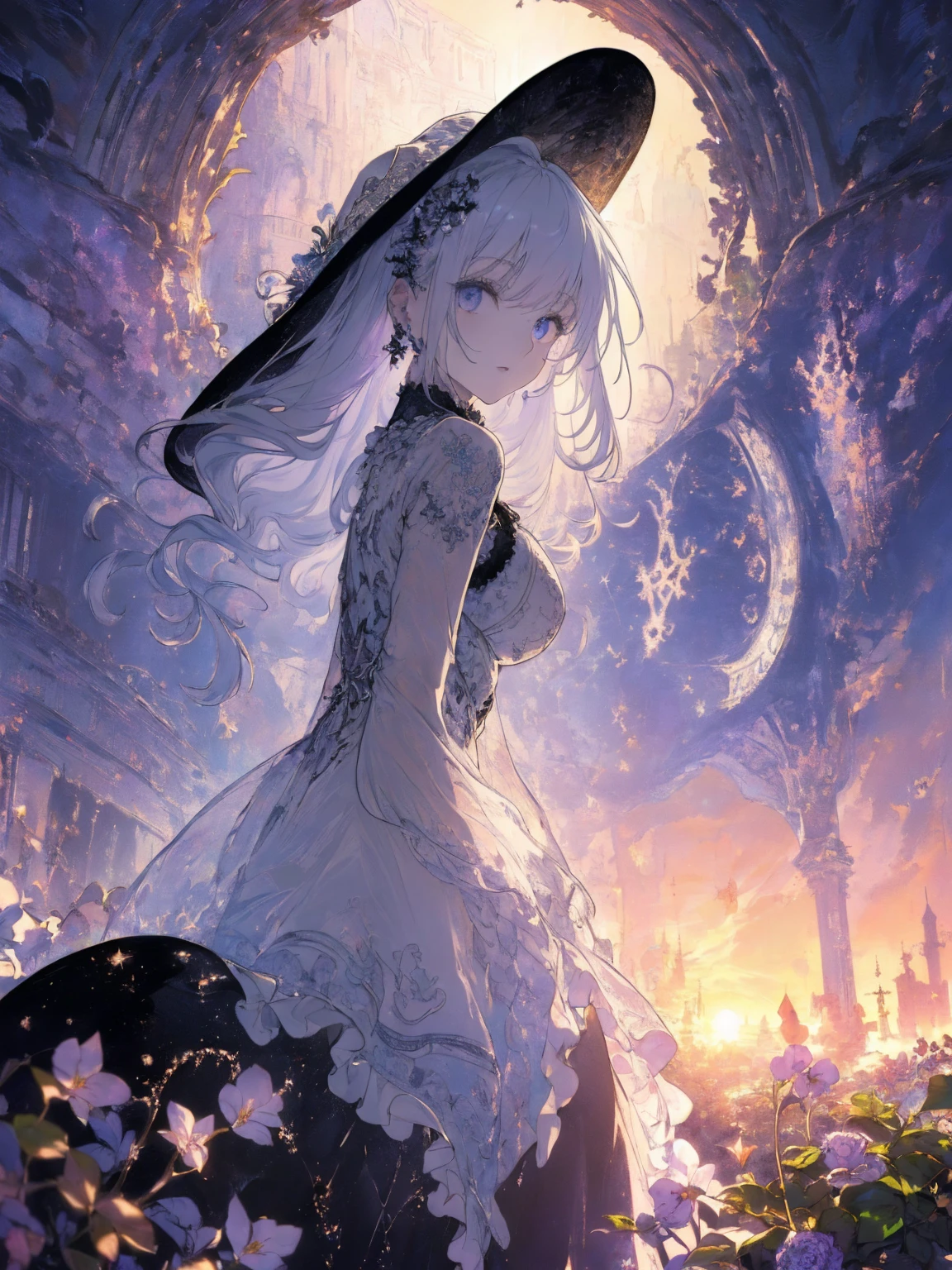 (landscape photo, with a woman in the bottom right of photo:1.5, in white garden:1.5), Masterpiece, best quality, (very detailed CG unity 8k wallpaper), (best quality), High definition RAW color art, Animation,sculptures, (black Marble Skin), (((Ultra detailed elegant))), Magical atmosphere, Detailed skin, Texture,(Intricately detailed, Fine detail, ultra-detail art), depth of fields, bokeh, Silky Touch, Hyper Detail, beautiful eyes, Elegant Face, (sexy profile posing), sparkle background, enormous breast:1.4,  (silver hair), pastel purple, witchcraft dress, witchcraft hat:1.1, embarrassing face, ivy,  Dramatic Light, smiley, Frills, sunset, cross