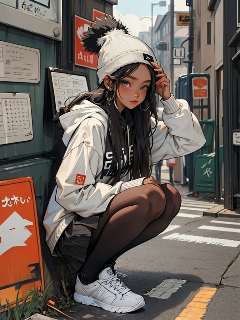 (best quality, masterpiece), 2 girls, hoodie, long hair, street, crouching, looking at viewer, beanie, skirt, makeup, piercing, pantyhose,