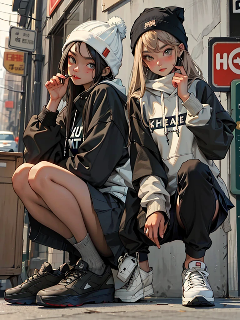 (best quality, masterpiece), 2 girls, hoodie, long hair, street, crouching, looking at viewer, beanie, skirt, makeup, piercing, pantyhose,