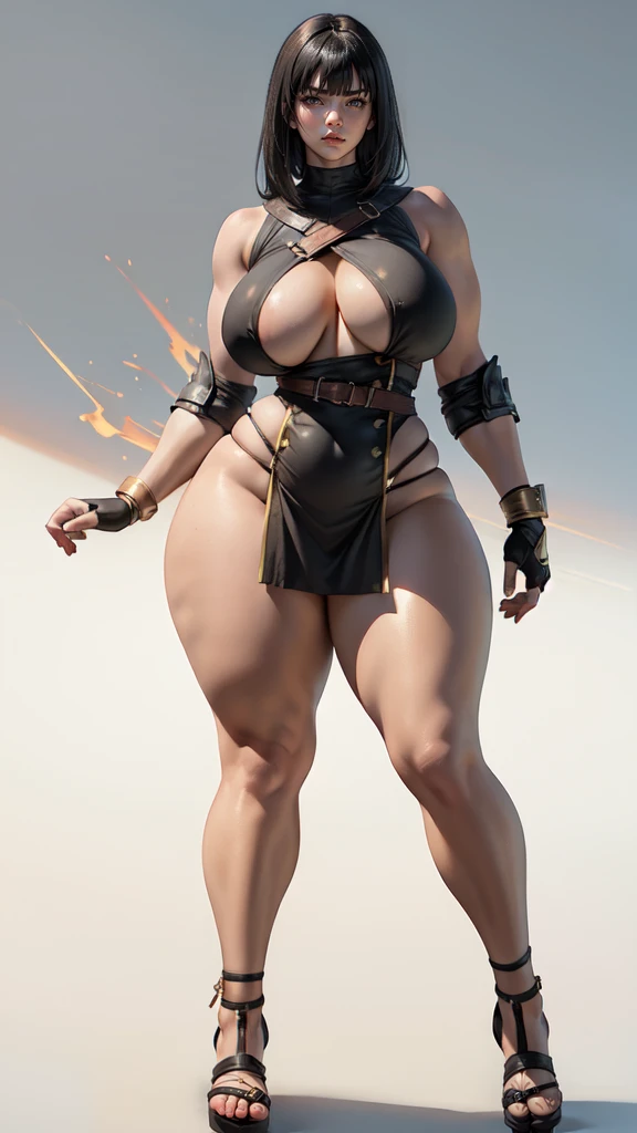 (masterpiece), best quality, female warrior, huge girl, female muscular:1.2, straight hair, black hair, curvy, ((thick thighs:1.4)), (((blank background))), ((full body)), fingerless gloves, sandals, sleeveless, covered nipples, (underboobs:1.3), medium hair, thin hair, (very short skirt), blunt bangs