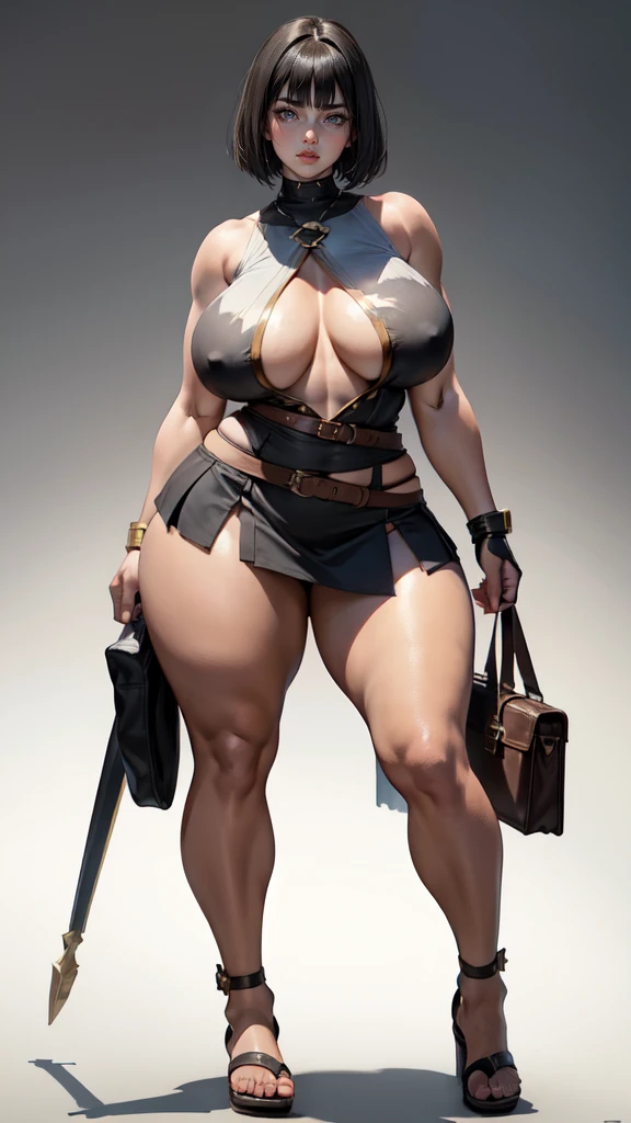 (masterpiece), best quality, female warrior, huge girl, female muscular:1.2, straight hair, black hair, curvy, ((thick thighs:1.4)), (((blank background))), ((full body)), fingerless gloves, sandals, sleeveless, covered nipples, (underboobs:1.3), medium hair, thin hair, (very short skirt), blunt bangs