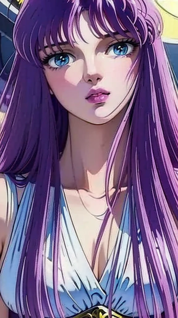 ((Photorealistic, realistic)), 1 girl (( beautiful,  21s, big breasts,  saori kido, Kido_Saori  ,purple_hair,  blue eyes))