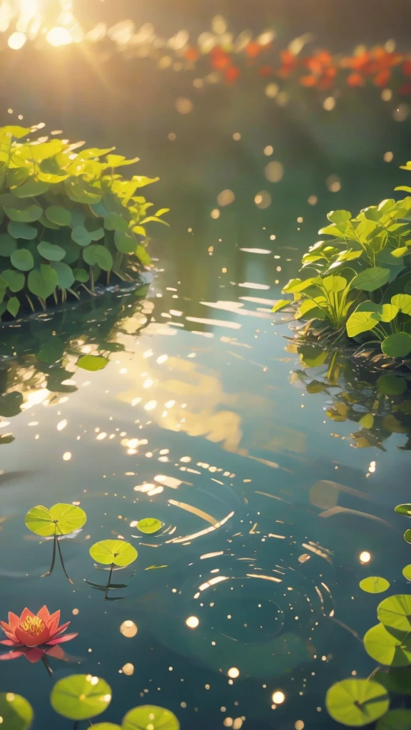 (best quality,high resolution:1.2),Very detailed,Practical,landscape,Pond in the evening,beautiful reflexions,Peaceful atmosphere,Soft sunlight,Calm Water,Lush green vegetation,Peaceful environment,A peaceful and tranquil scene,nature,Subtle color palette,Soothing atmosphere,breeze,Slender reed,Birdsong in the distance,Vibrant colors,Sunset tones,Majestic and beautiful,Crimson and gold sky,Like a dream,Fuzzy,Water lily floating,Underwater rocks,Rippled pattern on water surface,Sublime tranquility,balance,Relaxed and elegant composition