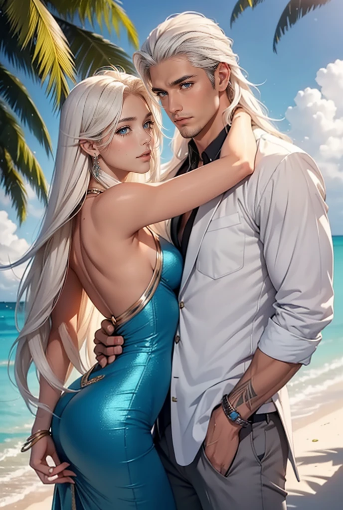 A tall, handsome, handsome, masculine adult man-platinum blond, he has blue eyes, tanned skin, long straight platinum hair, hugs an incredibly beautiful young femme fatale with golden long hair, blue eyes. They're in love. realistic image. Maldives.