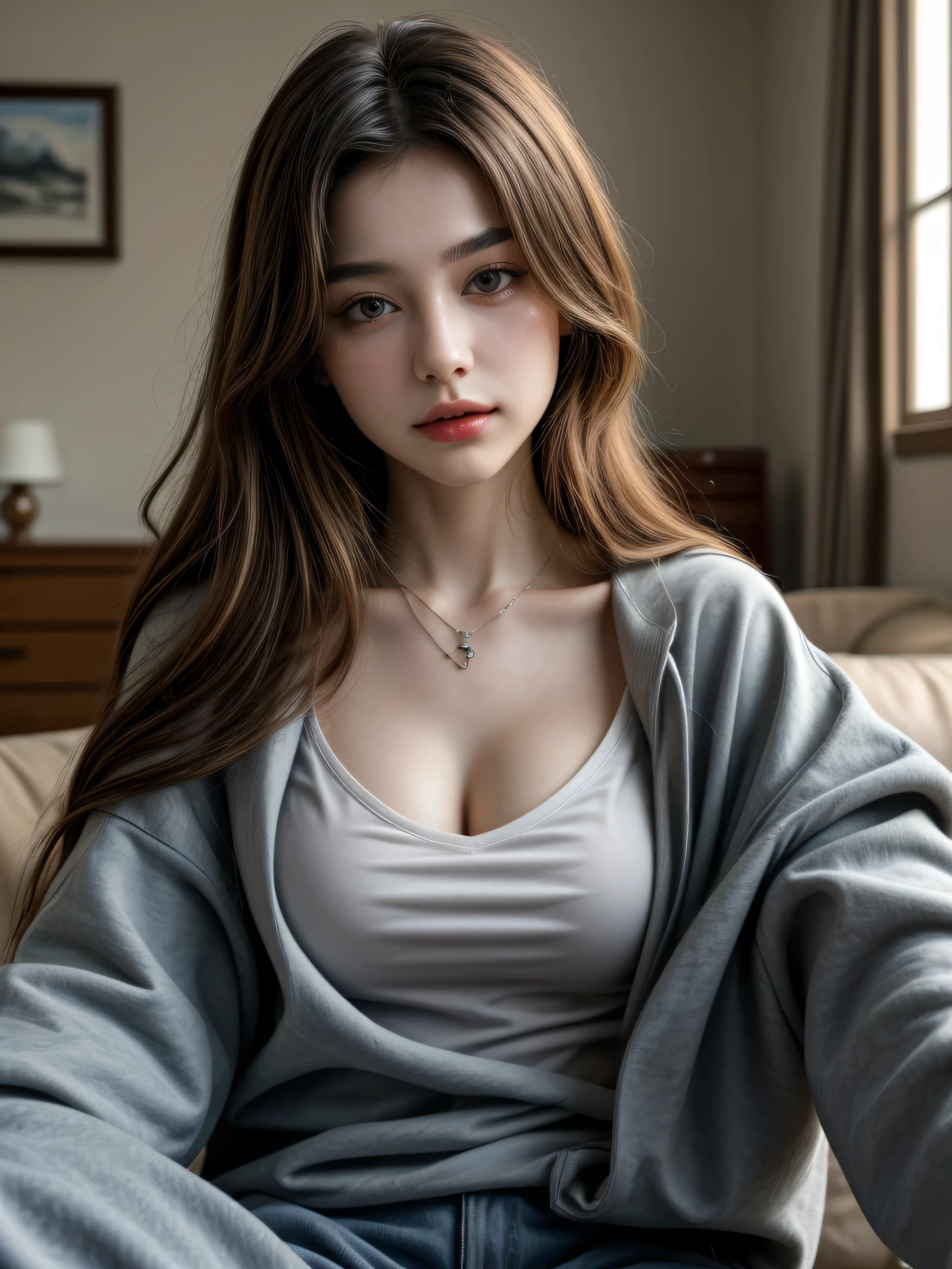 (Masterpiece, best quality, award winning, photorealistic : 1.2), 1 gorgeous young pretty girl, slim body shape, lip gloss, delicate beautiful face, (wearing oversize long-sleeve sweatshirt, loose flared pants, pendant), in minimal living room, soft light.